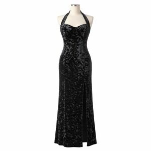 VTG 90s Crushed Velvet Open Back Halter Slit Maxi Dress L Black Goth Glam Grunge